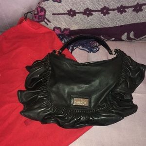 Valentino Black Leather Ruffled Shoulder Bag